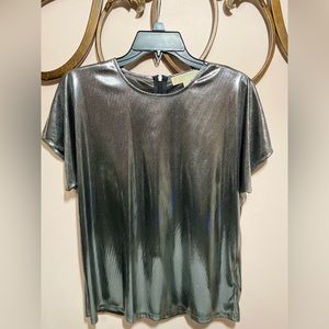 Short sleeve metallic top.